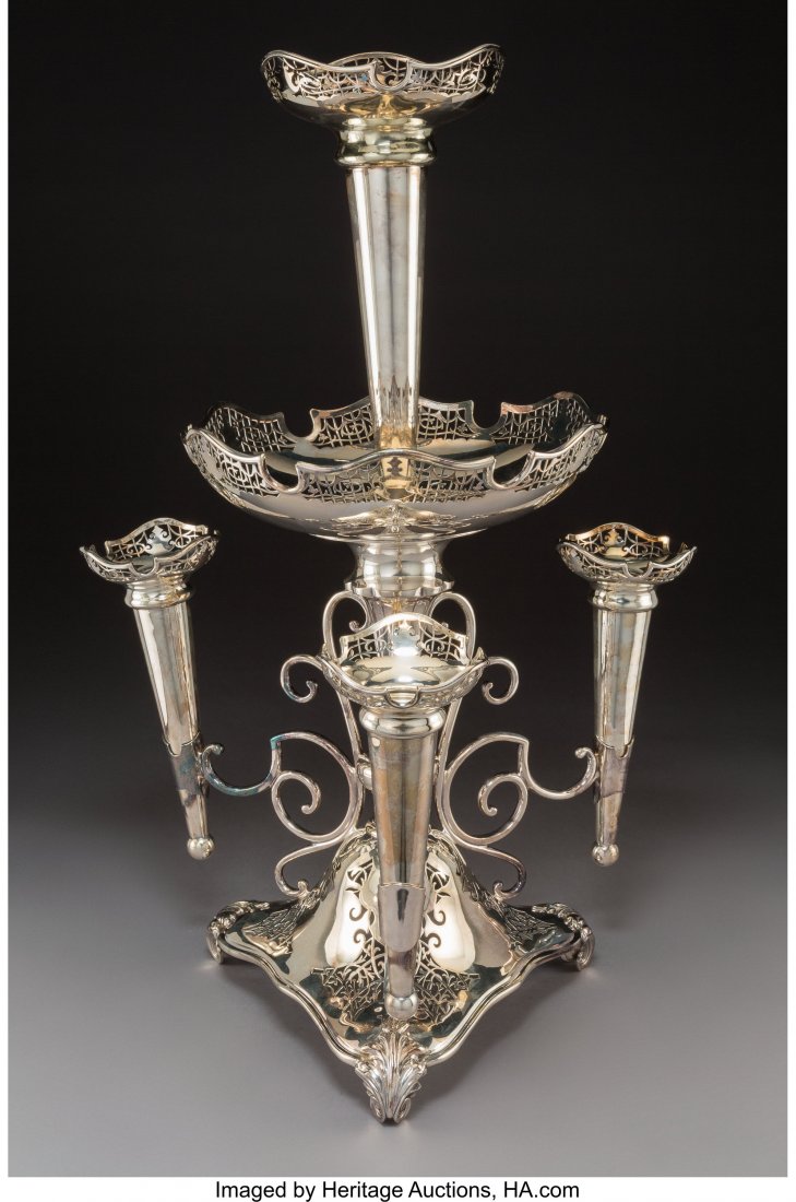 A James Deakin and Sons Silver-Plated Epergne, S: A James Deakin and Sons Silver-Plated Epergne, Sheffield, England, circa 1900 Marks: JD & S, EPNS, (desk bell), T9518 27 x 17-1/4 x 17-1/4 inches (68.6 x 43.8 x 43.8 cm) HID03101242017