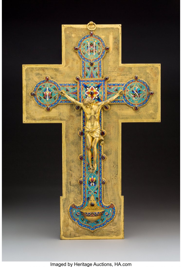 A French Gilt Bronze and Cloisonné: A French Gilt Bronze and Cloisonné Crucifix Font Forged by Ferdinand Barbedienne, mid-19th century Marks: F. BARBEDIENNE 21 x 13-1/2 inches (53.3 x 34.3 cm) HID03101242017
