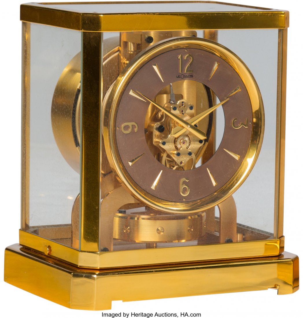 A Jaeger-LeCoultre Brass and Glass Atmos Clock, : A Jaeger-LeCoultre Brass and Glass Atmos Clock, Le Sentier, Le Chenit, Switzerland, circa 1970 Marks to mechanism: ATMOS, LECOULTRE, SWITZERLAND, FIFTEEN 15, VXN JEWELS, 58867 9-1/4 x 8-1/4 x 6-1/4 in