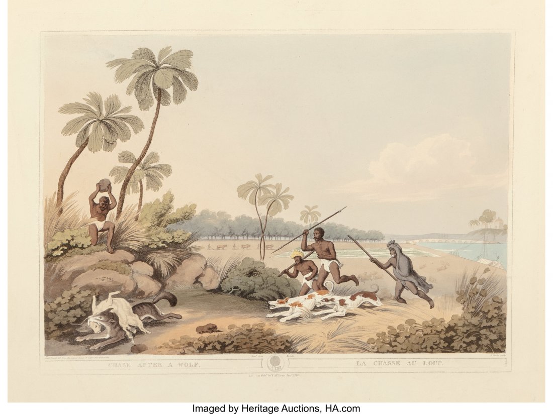 A Set of Seven Lithographs Featuring Indian Hunt: A Set of Seven Lithographs Featuring Indian Hunting Scenes 13 x 17-1/2 inches (33.0 x 44.5 cm) (image, each) Includes: Hunting a Kuttaus; Hunting an Old Buffalo; Shooting at the Edge of the Jungle; Ex