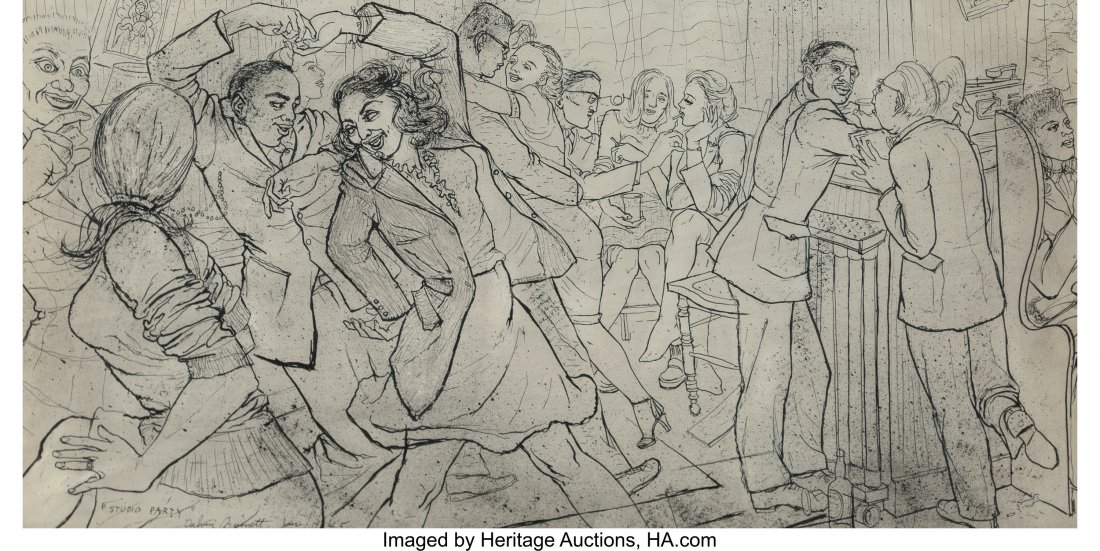 Calvin Burnett (1921-2007) Studio Party, 1945 In: Calvin Burnett (1921-2007) Studio Party, 1945 Ink on paper 14-3/4 x 28-1/4 inches (37.46 x 71.75 cm) Signed, dated, and titled lower left: Studio Party / Calvin Burnett Jan 19 1945 PROVENANCE: Janet M