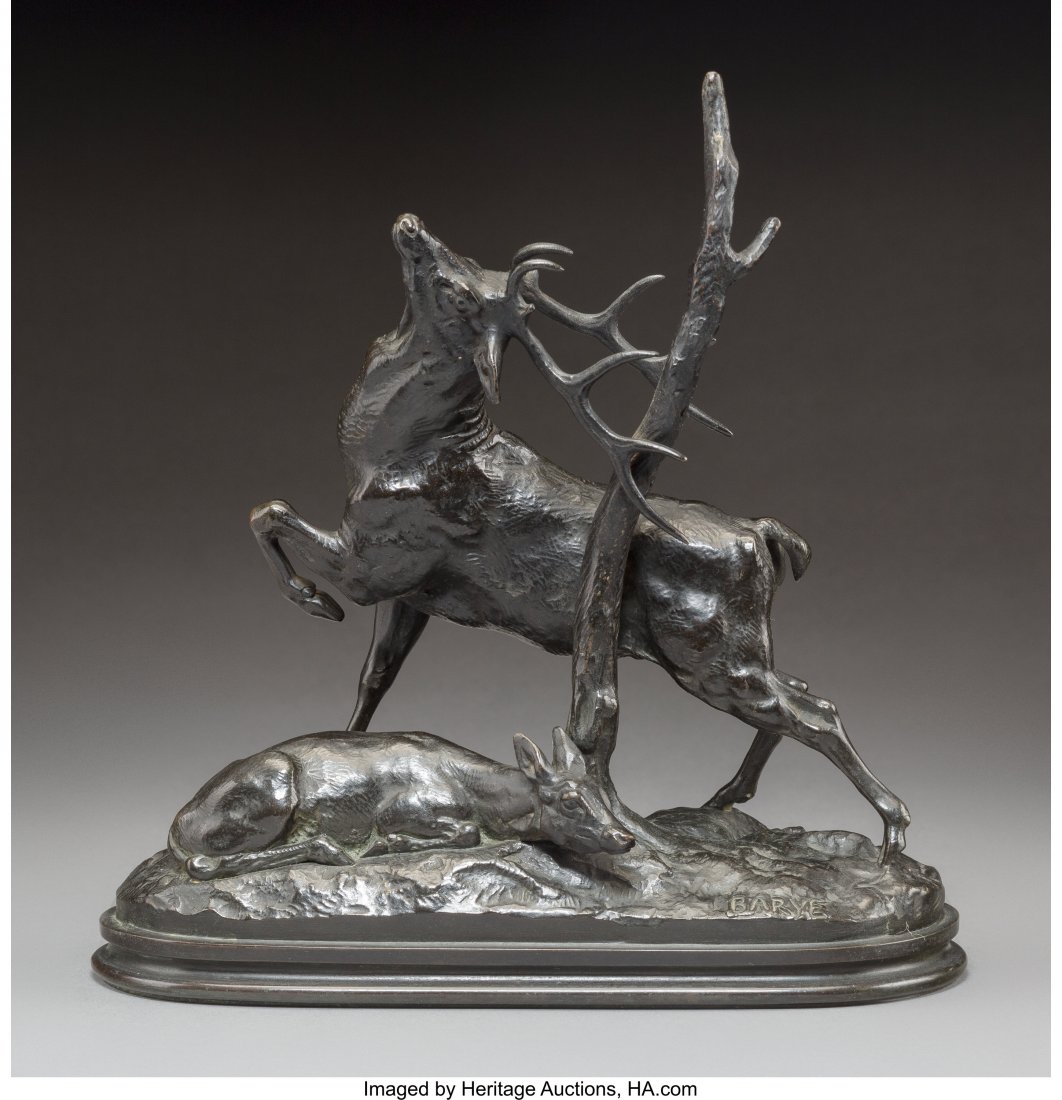 Antoine-Louis Barye (French, 1796-1875) Cerf fro: Antoine-Louis Barye (French, 1796-1875) Cerf frottant ses bois contre un arbre Bronze with black patina 9 inches (22.9 cm) Inscribed on base with 'F. Barbedienne Fonduer': Barye PROPERTY OF A LADY, MO