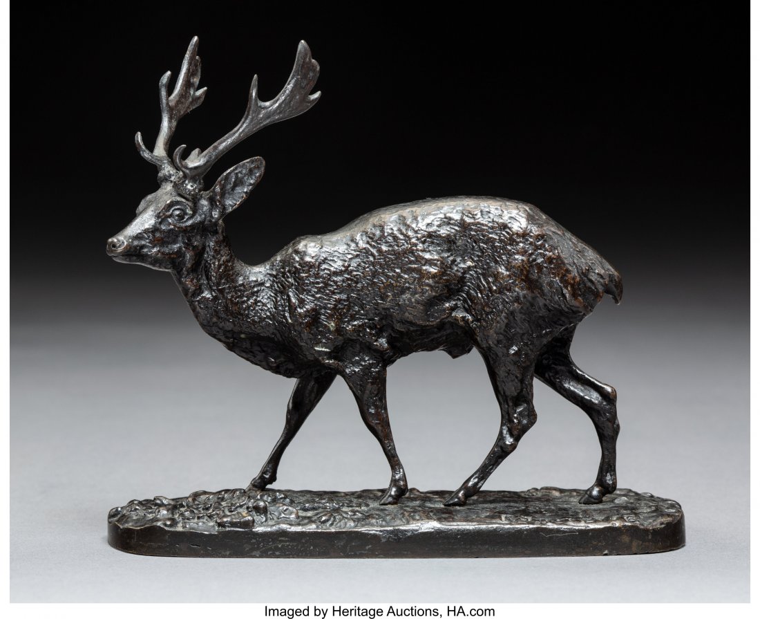 After Pierre Jules Mene (French) Reindeer Bronze: After Pierre Jules Mene (French) Reindeer Bronze with brown patina 4-5/8 inches (11.8 cm) high Inscribed on base: P.J. Mene PROPERTY OF A LADY, MONTAUK, NEW YORK HID03101242017