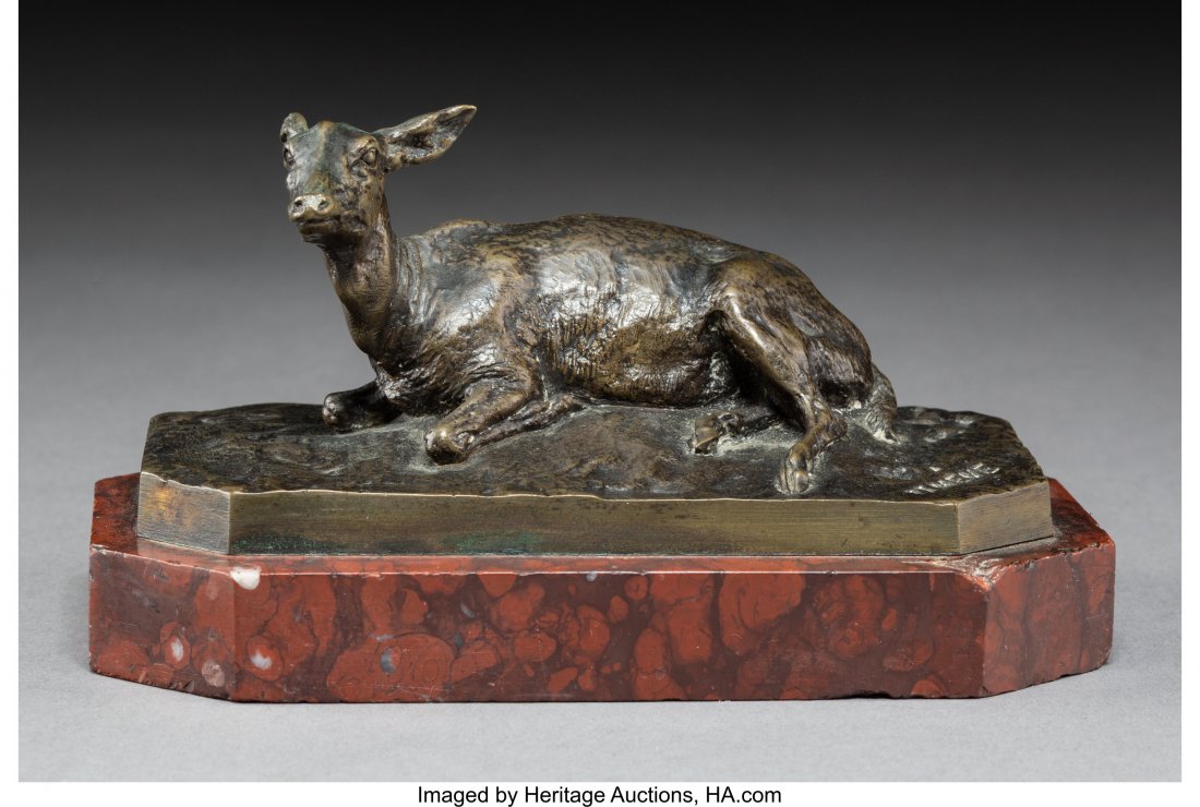After Pierre Jules Mene (French) Doe Bronze with: After Pierre Jules Mene (French) Doe Bronze with brown patina 2-1/4 inches (5.7 cm) high on a 3/4 inch (1.9 cm) high marble base Inscribed on base: P.J. Mene PROPERTY OF A LADY, MONTAUK, NEW YORK HID0
