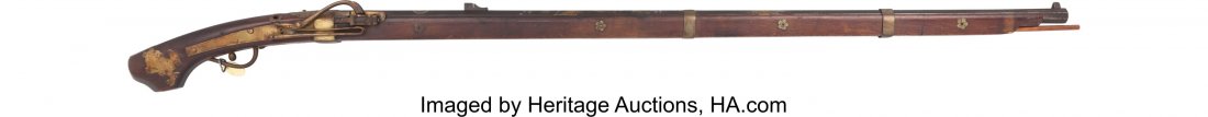 Early Edo Period Japanese Matchlock Musket. Un: Early Edo Period Japanese Matchlock Musket. Unserialized, approximately .60 caliber, 39-inch octagonal barrel with fixed front sight and fixed grooved-block rear sight. Decorative etched fowl and flor