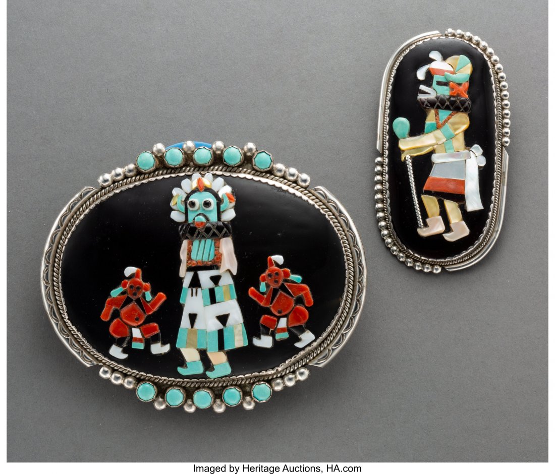 Two Zuni Jewelry Items Beverly Etsate c. 1990: Two Zuni Jewelry Items Beverly Etsate c. 1990 including a belt buckle and pin/pendant, each inscribed Bev. Etsate, Zuni Heights: 3 ¼ inches each HID03101242017