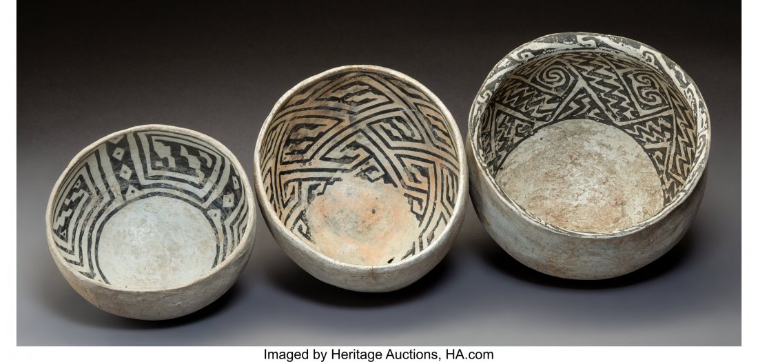 Three Anasazi Black-On-White Bowls c. 1100 - 120: Three Anasazi Black-On-White Bowls c. 1100 - 1200 AD clay, paint Provenance: Professor Julia R. Weertman Collection Diameters: ranging from 6 ¼ to 8 inches HID03101242017