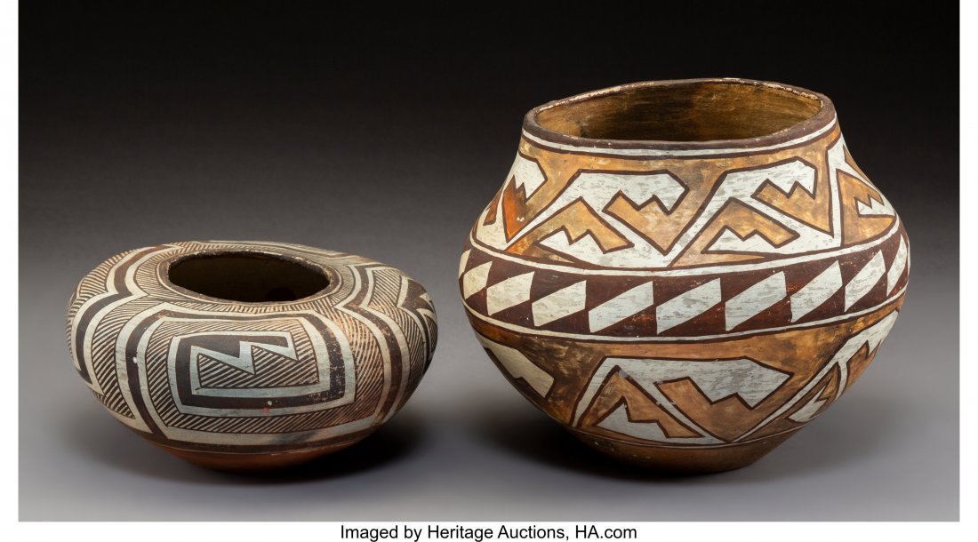 Two Acoma Polychrome Jars c. 1905 and 1910 cla: Two Acoma Polychrome Jars c. 1905 and 1910 clay, paint, the smaller example with circular label affixed to the bottom, inscribed The Francis Lester Co. Inc., Mesilla Park, N. M., Warranted Genuine Pro