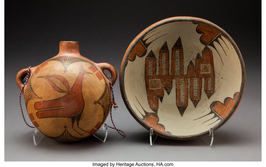 Two Zia Polychrome Vessels c. 1940 including: Two Zia Polychrome Vessels c. 1940 including a canteen and a bowl attributed to Isabel Medina Toribio, clay, paint Provenance: Professor Julia R. Weertman Collection Canteen: Purchased on June 21, 200