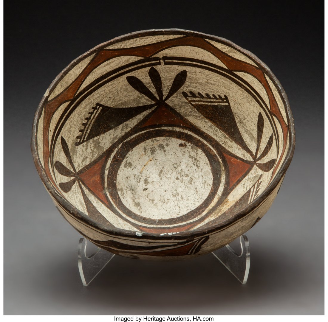 A Zuni Polychrome Bowl c. 1900 clay, paint Pr: A Zuni Polychrome Bowl c. 1900 clay, paint Provenance: Professor Julia R. Weertman Collection Diameter: 7 ¼ inches HID03101242017