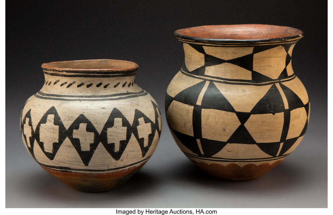 Two Southwest Polychrome Jars c. 1890 and 1940: Two Southwest Polychrome Jars c. 1890 and 1940 including Tesuque and Santo Domingo examples, clay, paint Provenance: Professor Julia R. Weertman Collection Tesuque: Purchased from Case Trading Post, W