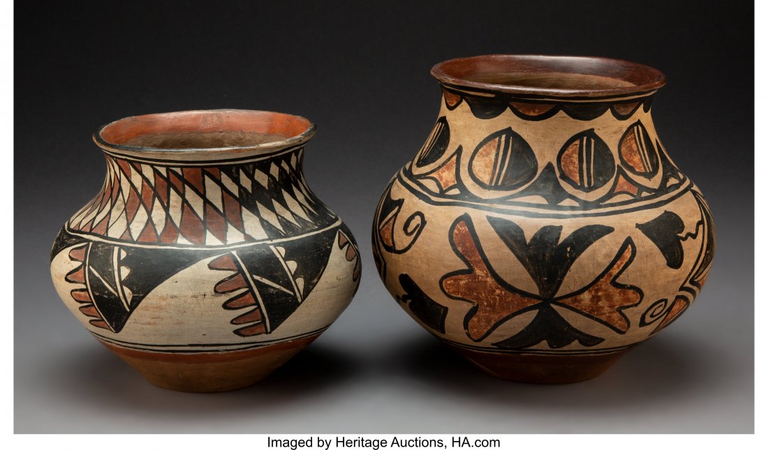 Two San Ildefonso Polychrome Jars c. 1890 and 1: Two San Ildefonso Polychrome Jars c. 1890 and 1910 clay, paint Provenance: Professor Julia R. Weertman Collection The smaller example purchased from Andrea Fisher Gallery, Santa Fe, NM on January 17,