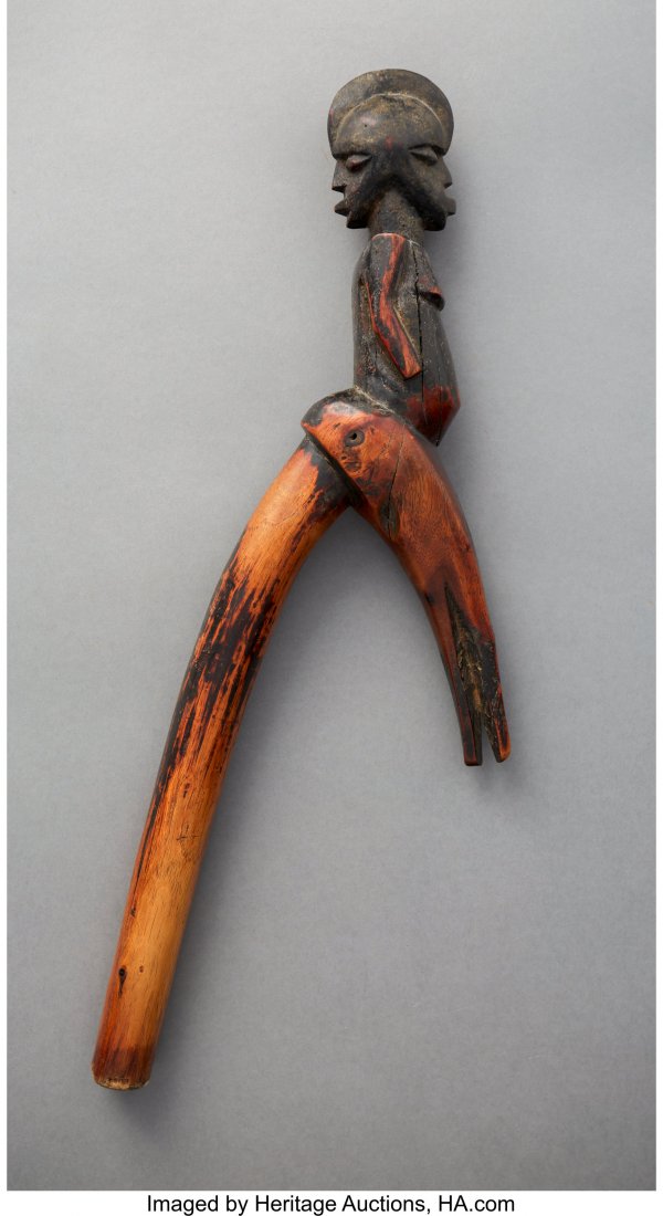 A Superb Lobi Prestige Staff Burkina Faso Wood: A Superb Lobi Prestige Staff Burkina Faso Wood with areas of high polish from extensive handling, encrusted areas from libations. Addorsed figures at the top. Provenance: Dr. & Mrs. John Finley Purcha