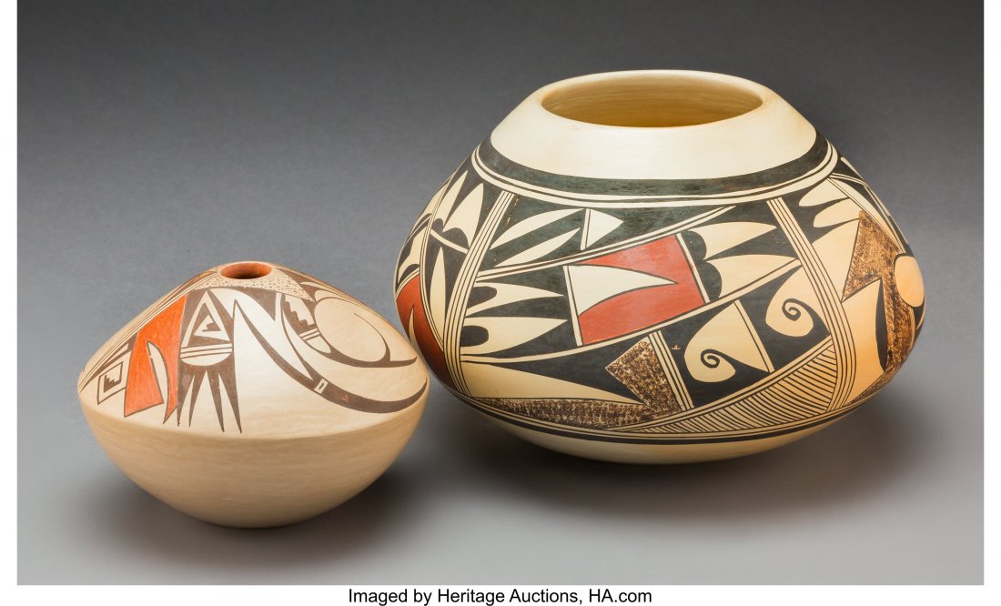 Two Hopi Polychrome Jars I. David and Poivee Ste: Two Hopi Polychrome Jars I. David and Poivee Stella Huma the smaller example signed on the base, I. David; the larger, signed Poivee Stella Huma Provenance: Professor Julia R. Weertman Collection Diam