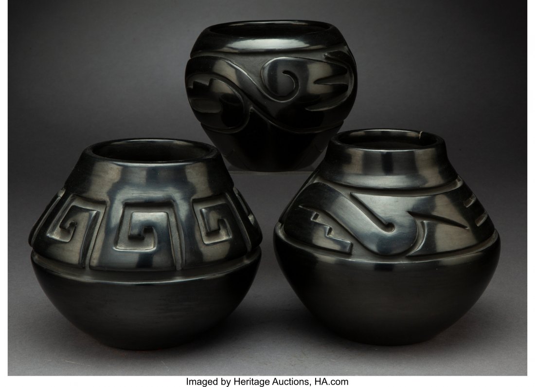 Three Santa Clara Carved Blackware Jars Stella C: Three Santa Clara Carved Blackware Jars Stella Chavarria, Mela Youngblood, Toni Roller c. 1980 clay, paint, the first, signed Stella Chavarria, Santa Clara Pueblo; the second, signed Mela Youngblood, 