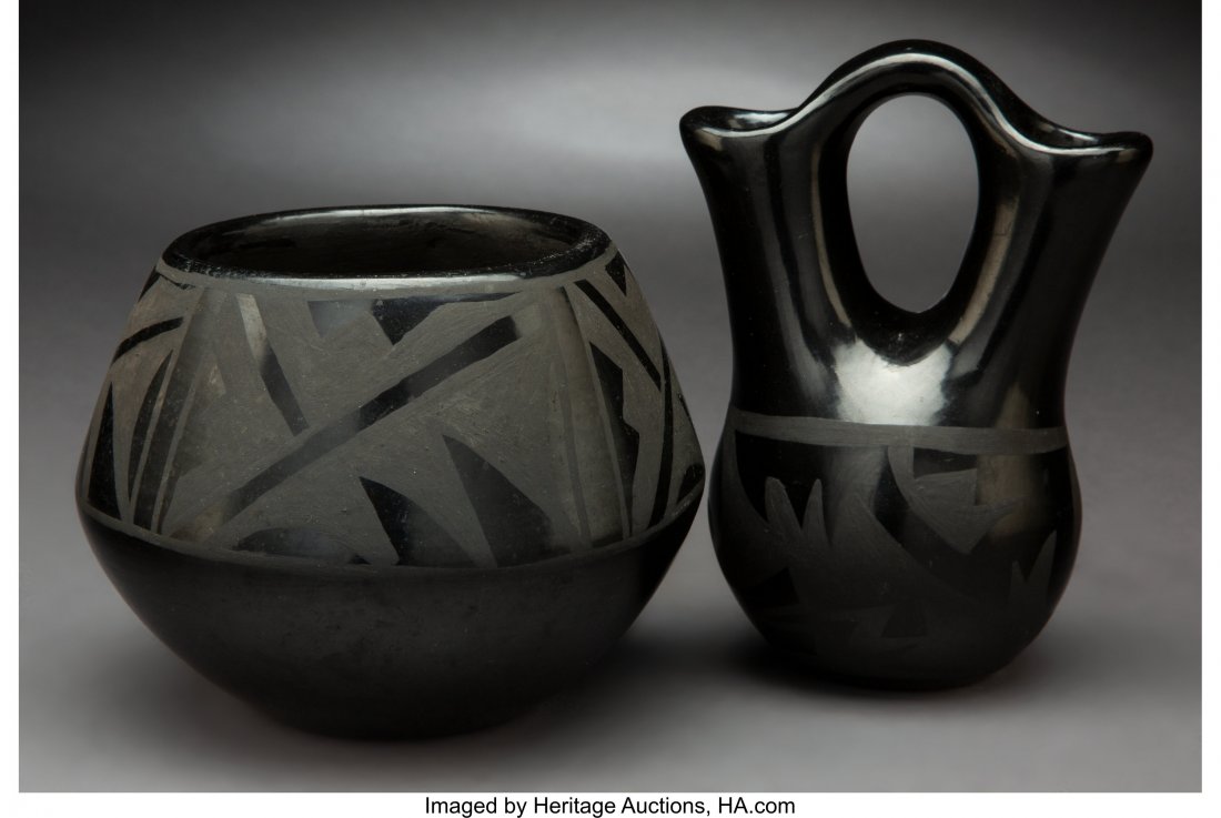 Two Southwest Blackware Vessels c. 1970 includ: Two Southwest Blackware Vessels c. 1970 including a San Ildefonso wedding vase and a Santa Clara jar, the jar signed Helen Shupla Diameter of jar: 4 ¾ inches HID03101242017