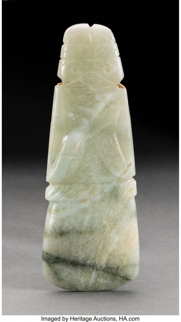 A Costa Rica Jade Axe God Pendant c. 300-700 AD: A Costa Rica Jade Axe God Pendant c. 300-700 AD Unusual translucent white jade with light green and gray veining. The figure wearing a braided belt and headband, hands raised to chest, wearing a beake