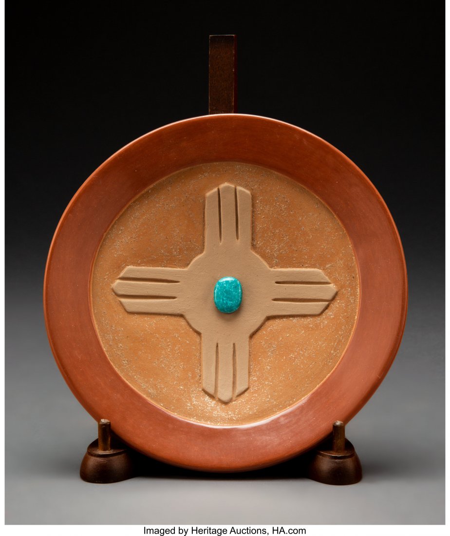A San Ildefonso Redware Plate Dora Tse Pe c. 20: A San Ildefonso Redware Plate Dora Tse Pe c. 2005 clay, paint, Kingman turquoise, signed Dora Tse-Pe, San Ildefonso Provenance: Professor Julia R. Weertman Collection Purchased in 2016 from the Case T