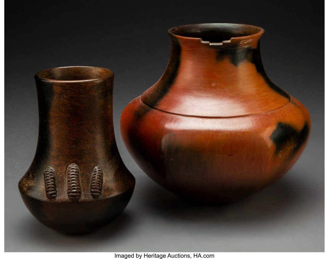 Two Navajo Brownware Jars Alice Cling and Samue: Two Navajo Brownware Jars Alice Cling and Samuel Manymules c. 1990 clay, the smaller example signed on the base, Alice; the larger, signed Sam, Dine Provenance: Professor Julia R. Weertman Collection 