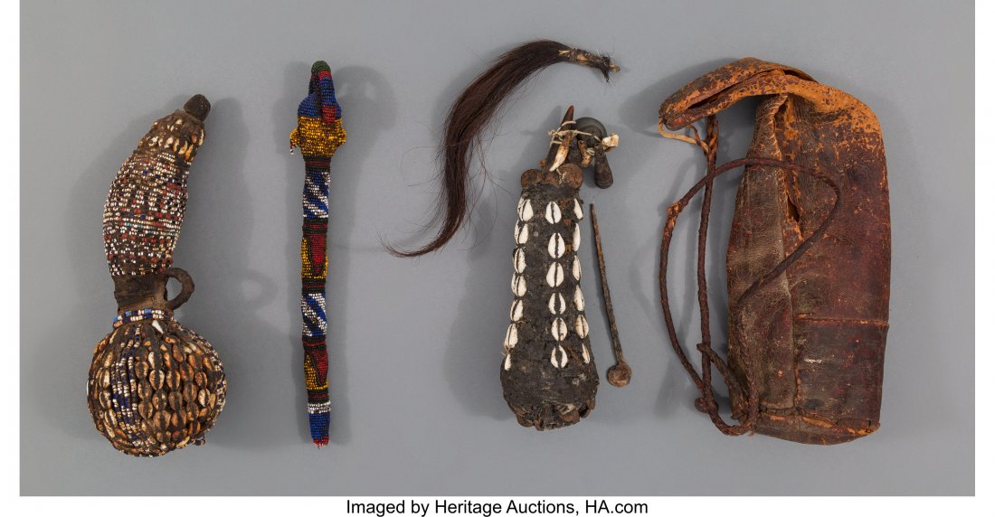 Three African Items including a Yoruba beaded: Three African Items including a Yoruba beaded dance wand; a gourd with beads and cowries; and a fetisher's horn with leather carrying bag Provenance: Dr. & Mrs. John Finley Heights: ranging from 11 to