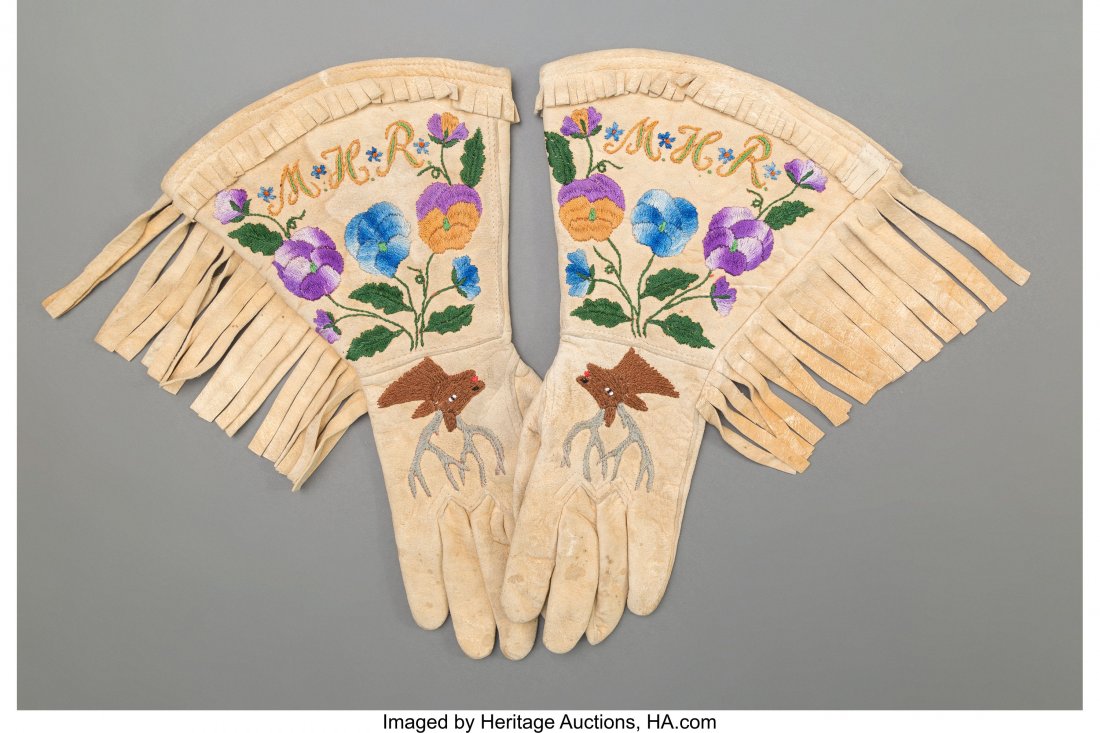 A Pair of Plateau Pictorial Embroidered Hide Gau: A Pair of Plateau Pictorial Embroidered Hide Gauntlets Lengths: 14 inches each HID03101242017