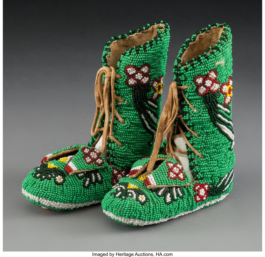 A Pair of Plateau Child's Beaded Hide Boot Mocca: A Pair of Plateau Child's Beaded Hide Boot Moccasins Heights: 6 inches each HID03101242017