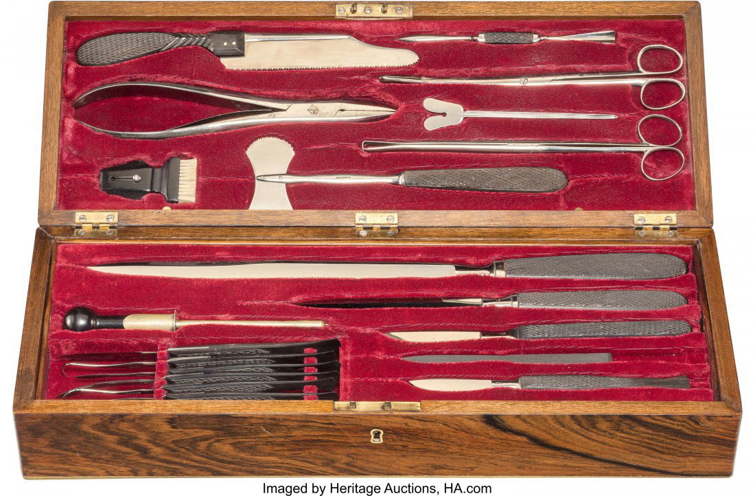 A Louis V. Helmold Surgical Instruments Group, P: A Louis V. Helmold Surgical Instruments Group, Philadelphia, circa 1886 Marks: L. V. HELMOLD, (various) 3-5/8 x 16-1/4 x 6 inches (9.2 x 41.3 x 15.2 cm) (overall) The set has three tiers. The knife bl