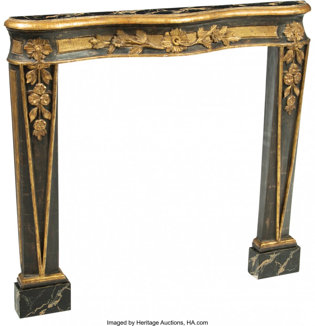 A Painted and Partial Gilt Pine Fireplace Surrou: A Painted and Partial Gilt Pine Fireplace Surround, late 19th century 39-1/4 x 41-1/2 x 5 inches (99.7 x 105.4 x 12.7 cm) HID03101242017