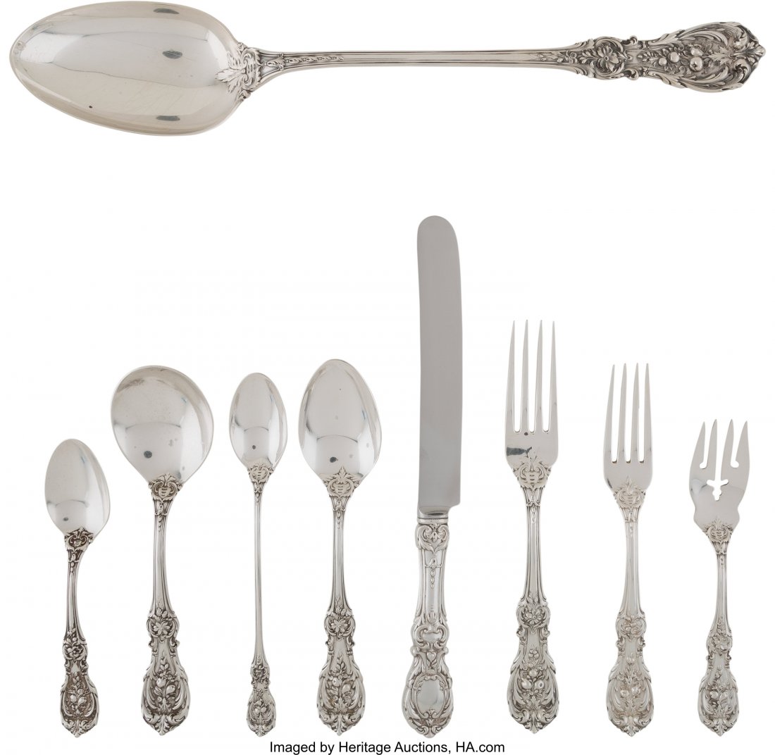 A One Hundred-Piece Reed & Barton Francis I Patt: A One Hundred-Piece Reed & Barton Francis I Pattern Silver Flatware Service in Naken Wood Case, Taunton, Massachusetts, designed 1907 Marks to spoon: (eagle-R-lion) 13-1/2 inches (34.3 cm) (longes