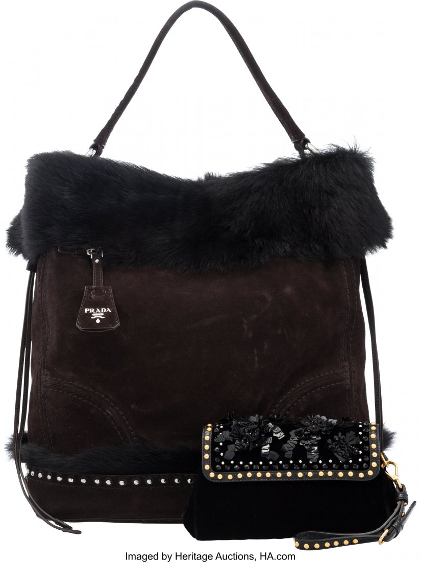 Prada Set of Two: Brown Suede Tote Bag & Black V (1 of 2)