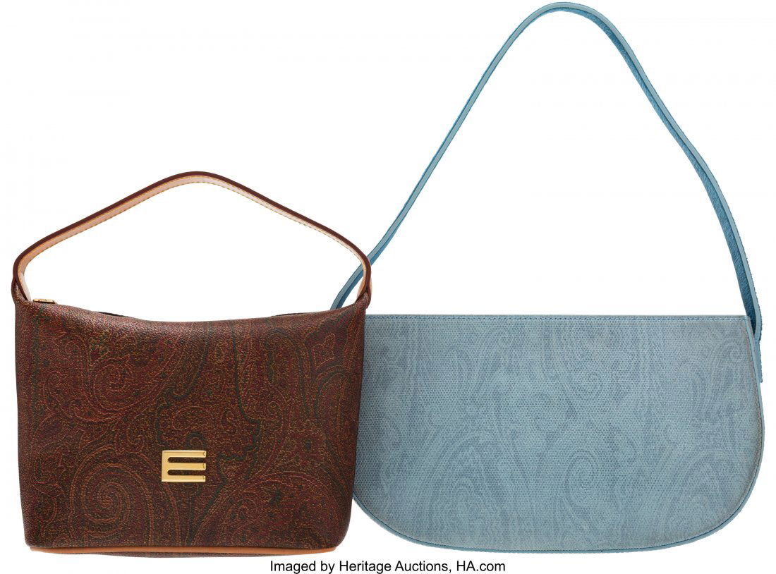 Etro Set of Two: Brown Paisley & Light Blue Bags: Etro Set of Two: Brown Paisley & Light Blue Bags Condition: 2 See Extended Condition Report for Sizes... This set includes: Etro Brown Paisley Coated Canvas Bag (7" Width x 7" Height x 3" Depth) E