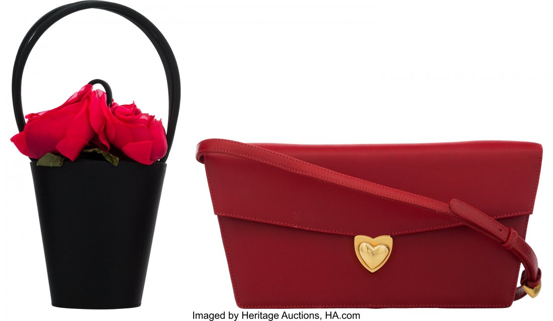 Set of Two: Red Escada Clutch & Lulu Guinness Fl: Set of Two: Red Escada Clutch & Lulu Guinness Flower Bag Condition: 2 See Extended Condition Report for Sizes... This set includes: Escada Red Coated Canvas Clutch (12" Width x 6" Height x 2" Dept