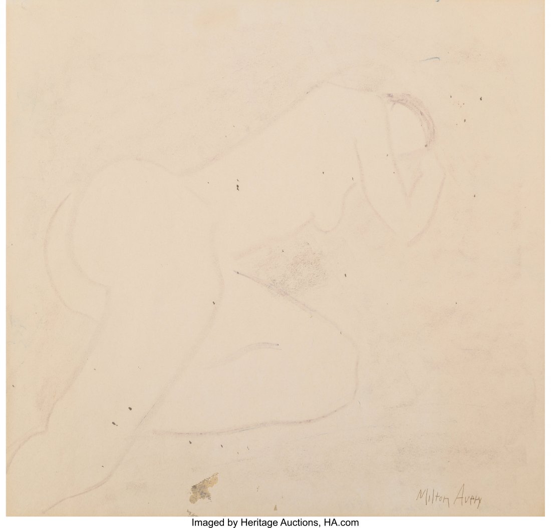 Milton Avery (American, 1885-1965) Siesta Oil cr: Milton Avery (American, 1885-1965) Siesta Oil crayon on paper 13-3/4 x 16-3/4 inches (34.9 x 42.5 cm) (sheet) Signed lower right: Milton Avery Titled and inscribed verso: Siesta oil crayon PROVENANCE: