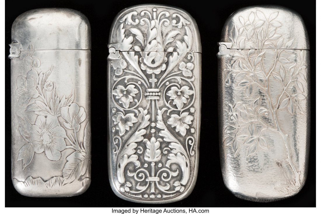 THREE GORHAM SILVER AND SILVER GILT MATCH SAFES,: THREE GORHAM SILVER AND SILVER GILT MATCH SAFES, Providence, Rhode Island, circa 1887-1888 Marks to all: (lion-anchor-G), STERLING, (date mark), 310; 630; 655 2-1/2 inches high (6.4 cm) (largest) 2.27