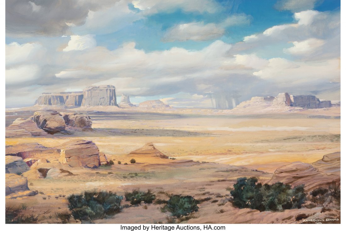 Andrew B. Karoly and Louis P. (Lajos) Szanto (Am: Andrew B. Karoly and Louis P. (Lajos) Szanto (American, 20th Century) Buttes in the Distance, 1956 Tempera on board 19-1/2 x 29-1/4 inches (49.5 x 74.3 cm) (sight) Signed and dated lower right: A. Kar