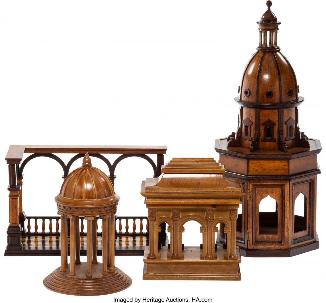 A Group of Four Wood Neoclassical Architectural: A Group of Four Wood Neoclassical Architectural Models, late 20th century 24 x 11 x 10 inches (61.0 x 27.9 x 25.4 cm) (tallest) HID03101242017