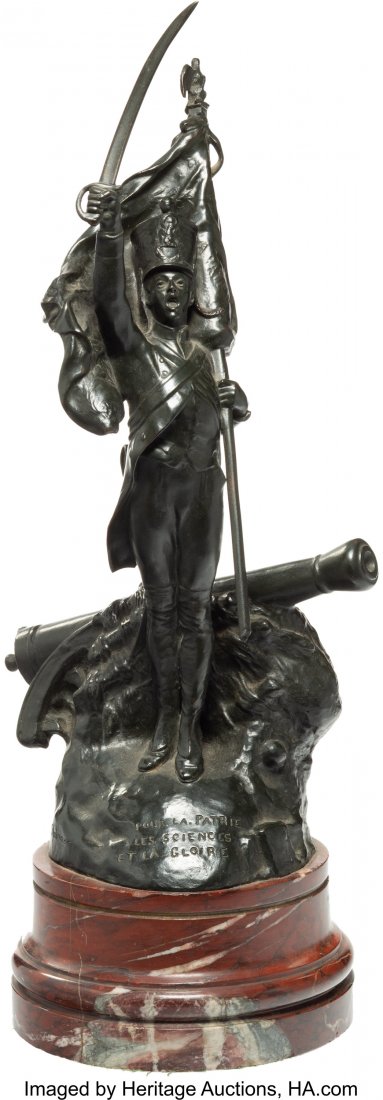 Corneille Henri Theunissen (French, 1863-1918) P: Corneille Henri Theunissen (French, 1863-1918) Pour la Patrie les Sciences et la Gloire, 1914 Bronze and marble 22-3/4 x 9-3/4 x 7-1/2 inches (57.8 x 24.8 x 19.1 cm) Signed and dated to base Inscribed