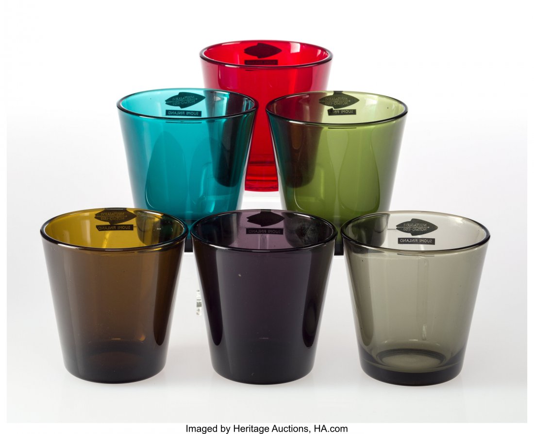 Kaj Franck (Finnish, 1911-1989) Six Kartio Tumbl: Kaj Franck (Finnish, 1911-1989) Six Kartio Tumblers, designed in 1958, Nuutajärvi Nottsjo Colored glass 3-1/4 x 3-1/4 x 3-1/4 inches (8.3 x 8.3 x 8.3 cm) Manufacturer's paper label - NUUTAJÄ