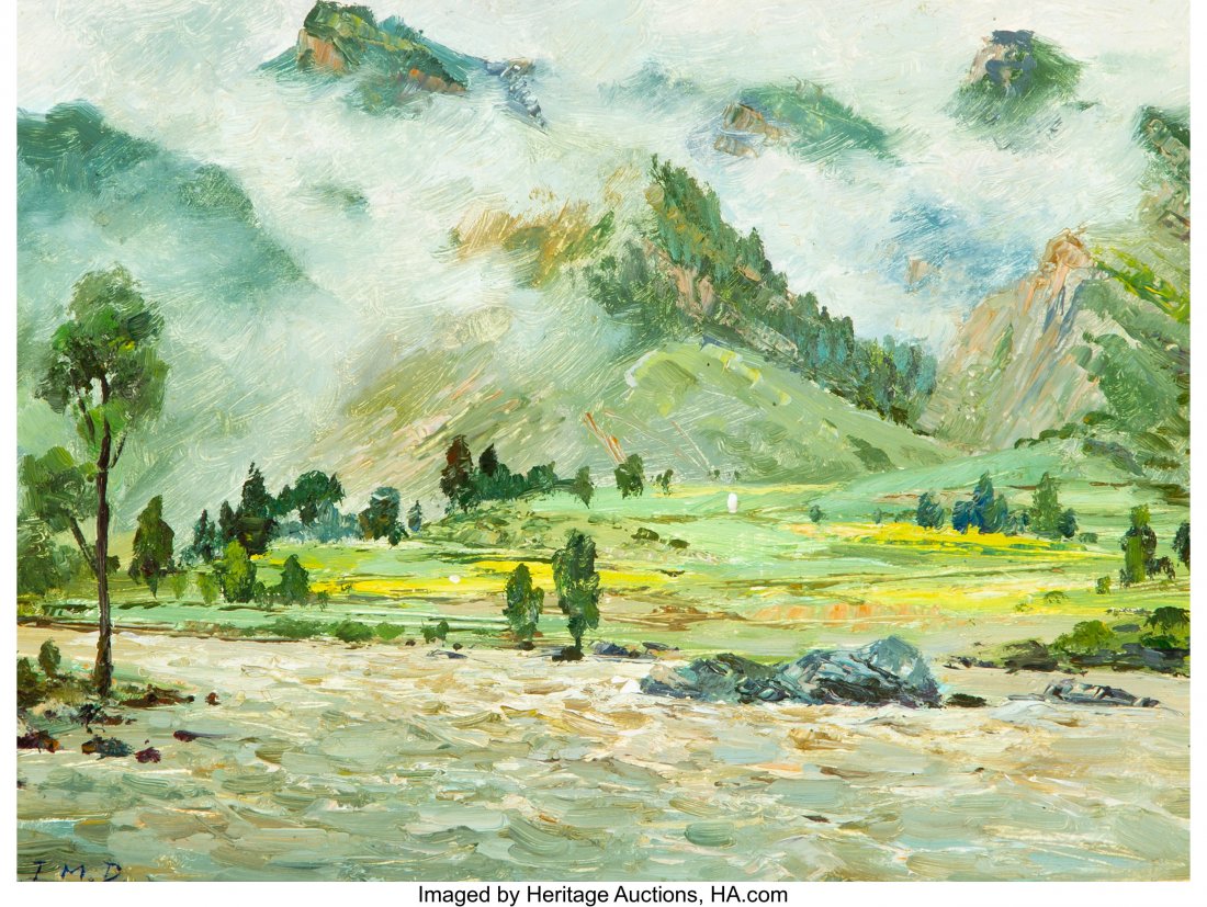 Jianmin Dou (Chinese, 21st Century) Pair of Land: Jianmin Dou (Chinese, 21st Century) Pair of Landscapes Oil on paper laid on panel, each 8-1/4 x 11-1/4 inches (21.0 x 28.6 cm) Each initialed: J.M.D. PROVENANCE: Galerie Kornye, Dallas. HID03101242017