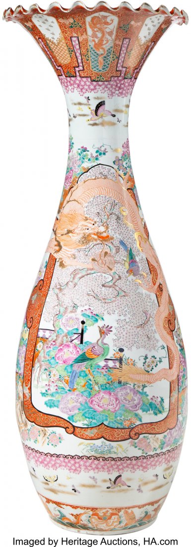 A Japanese Partial Gilt Enameled Kutani Porcelai: A Japanese Partial Gilt Enameled Kutani Porcelain Floor Vase, Meiji Period Marks: (four-character mark) 48 x 17-1/2 inches (121.9 x 44.5 cm) HID03101242017