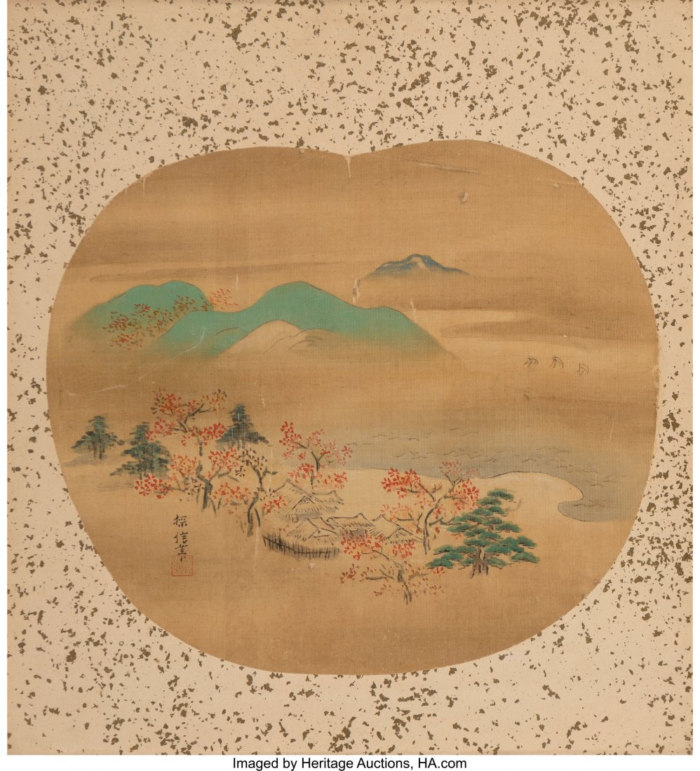 Kano Tanshin (Japanese, 1653-1718) Landscape, Ed: Kano Tanshin (Japanese, 1653-1718) Landscape, Edo period Shaped fan leaf, ink and color on silk 7 x 8 inches (17.8 x 20.3 cm) Bearing one seal Framed and glazed, with scattered tears to work, some wit