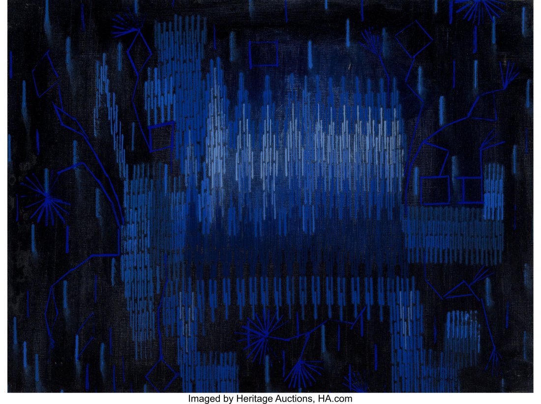 Lee Mullican (American, 1919-1998) Medicine Dog,: Lee Mullican (American, 1919-1998) Medicine Dog, 1970 Oil on canvas 18 x 24 inches (45.7 x 61.0 cm) Signed, dated, titled, and inscribed on the reverse: "Medicine Dog" / Lee Mullican 1970 / Venice HID