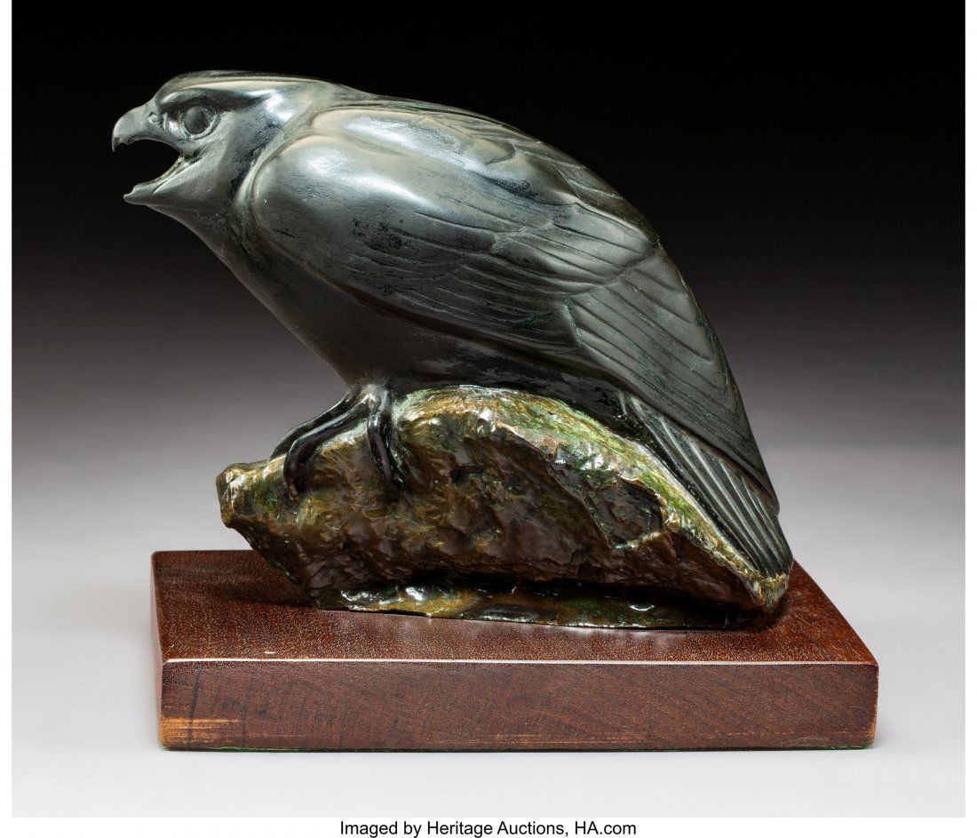 Tony Angell (American, b. 1940) Kestrel Bronze w: Tony Angell (American, b. 1940) Kestrel Bronze with black and green patina 6 inches (15.2 cm) high on a 1 inch (2.5 cm) high wood base Inscribed along the base: Angell PROVENANCE: Private collection,