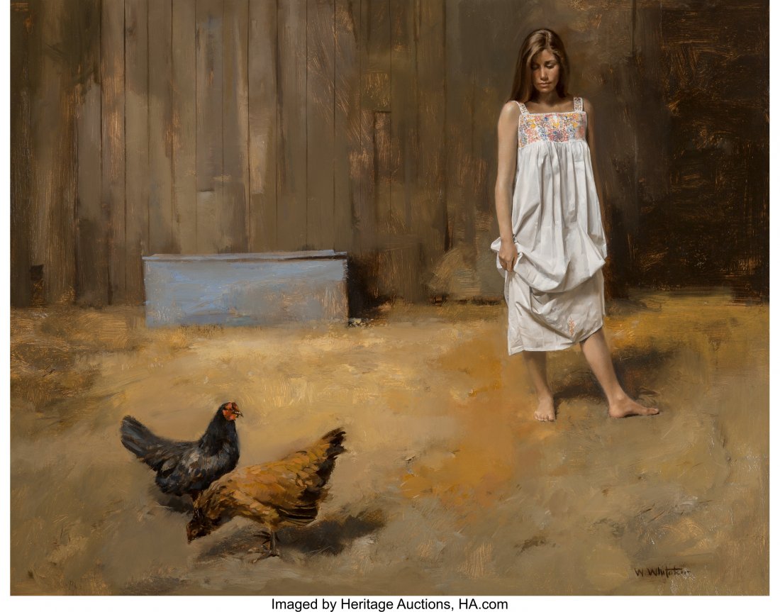 William Whitaker (American, b. 1943) Aracana and: William Whitaker (American, b. 1943) Aracana and Blue Andalusian Oil on Masonite 22 x 28 inches (55.9 x 71.1 cm) Signed lower right: W. Whitaker PROVENANCE: Private collection, Montana. HID03101242017