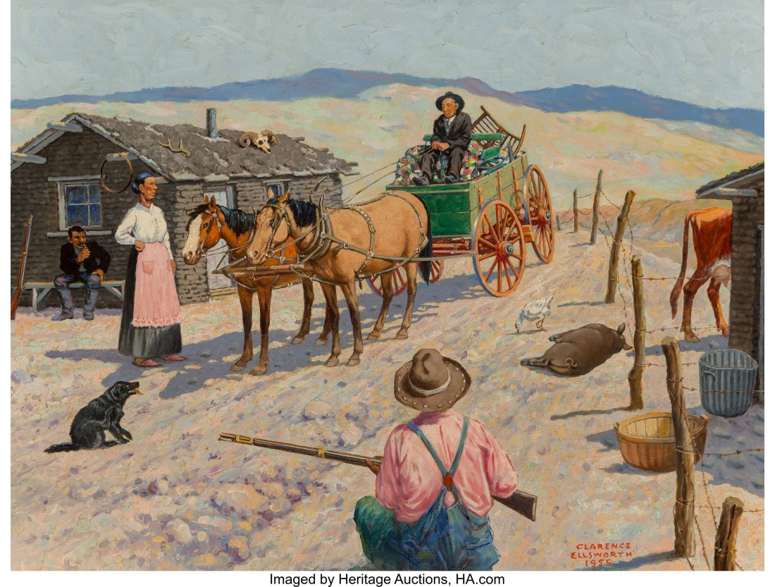 Clarence Ellsworth (American, 1885-1961) The Tra: Clarence Ellsworth (American, 1885-1961) The Trader, 1955 Oil on canvas 18 x 24 inches (45.7 x 61.0 cm) Signed and dated lower right: Clarence / Ellsworth / 1955 PROPERTY FROM THE COLLECTION OF FRANK 