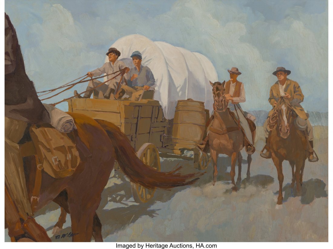 Dan McCaw (American, b. 1942) Going West Oil on: Dan McCaw (American, b. 1942) Going West Oil on Masonite 18 x 24 inches (45.7 x 61.0 cm) Signed lower left: D. McCaw Signed on the reverse: Dan McCaw PROPERTY FROM THE COLLECTION OF FRANK P. GIBBS PRO