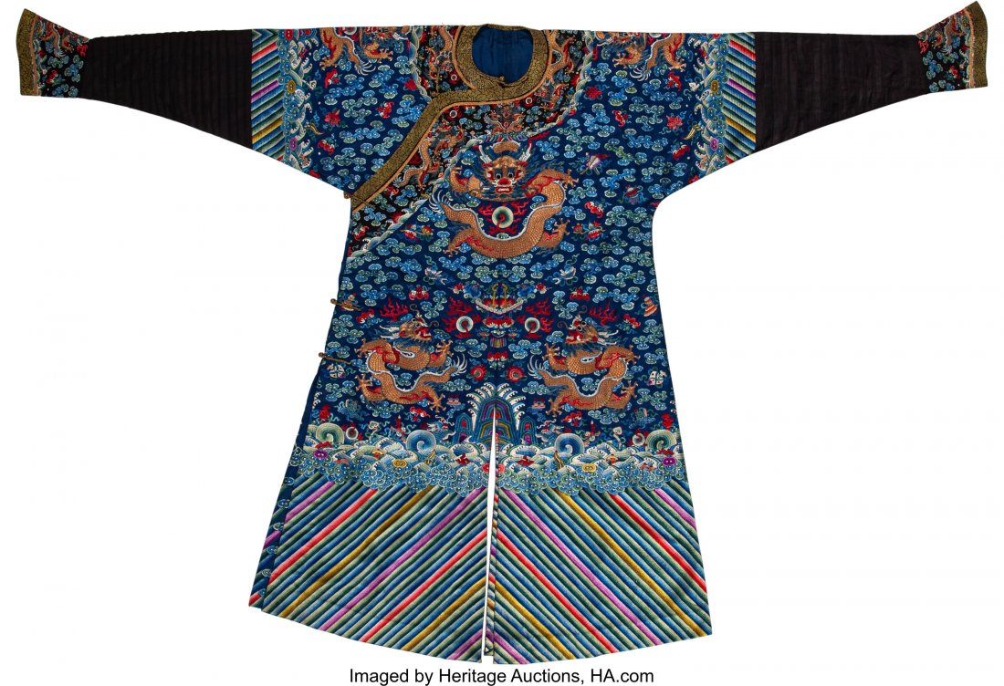 A Chinese Blue-Ground Dragon Robe, Qing Dynasty (1 of 2)