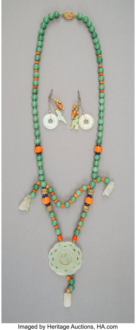 A Chinese Glass and Coral Necklace with Jade Med (1 of 2)