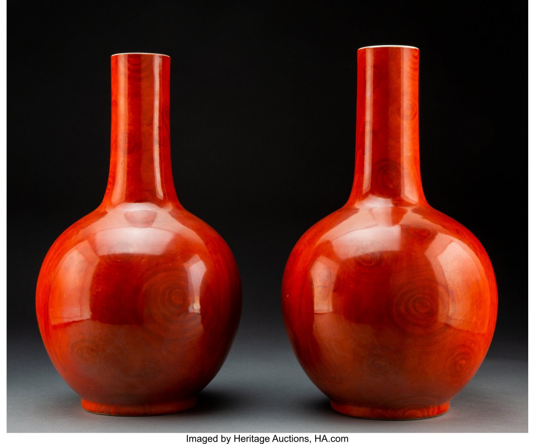 78216 A Pair Of Chinese Faux Bois Porcelain Bottle Vas Sep 09