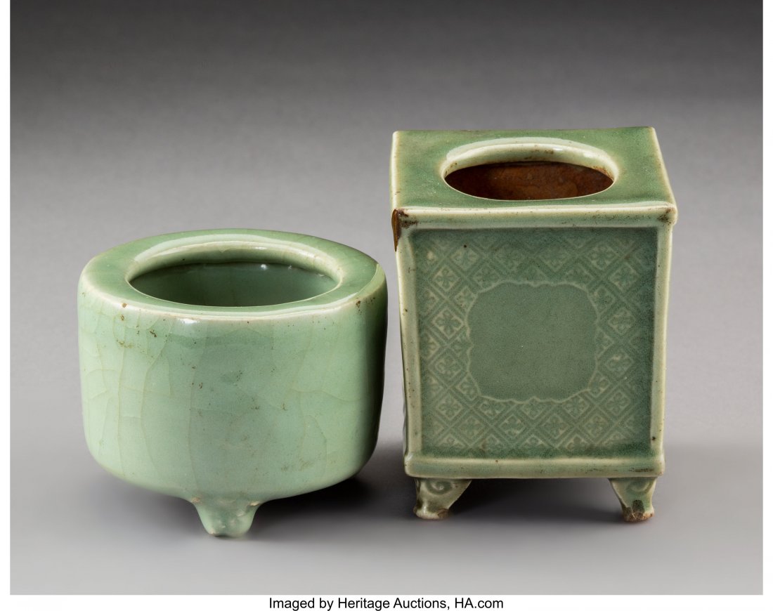 Two Chinese Celadon Glazed Earthenware Censers, (1 of 2)
